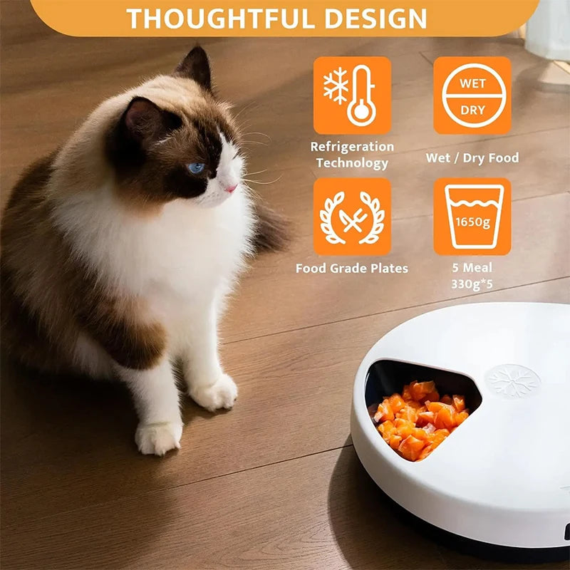 Automatic Pet Feeder with Cooling, Wet Food Dispenser, 5 Meal Timer, Semiconductor Refrigeration, Keeps Food Fresh for 12H
