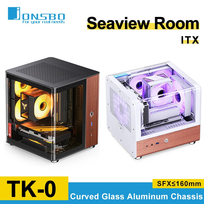 Jonsbo TK-0 ITX Sea View Room Case Separated Cabinet Dual-Curved Glass Aluminum Solid Walnut Wood Compact Desktop Chassis