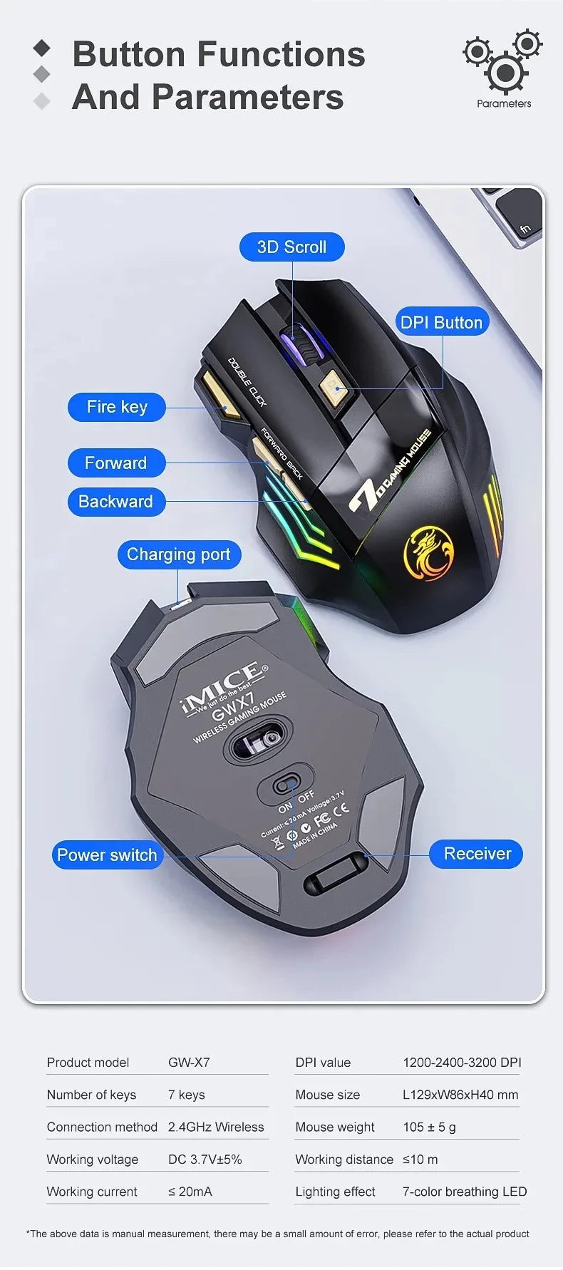 Wireless Gaming Mouse USB IMICE GW-X7 3200DPI Dual Mode Rechargeable 7 Keys 2.4Ghz Silent Mouse Bluetooth 7-color Breathing LED