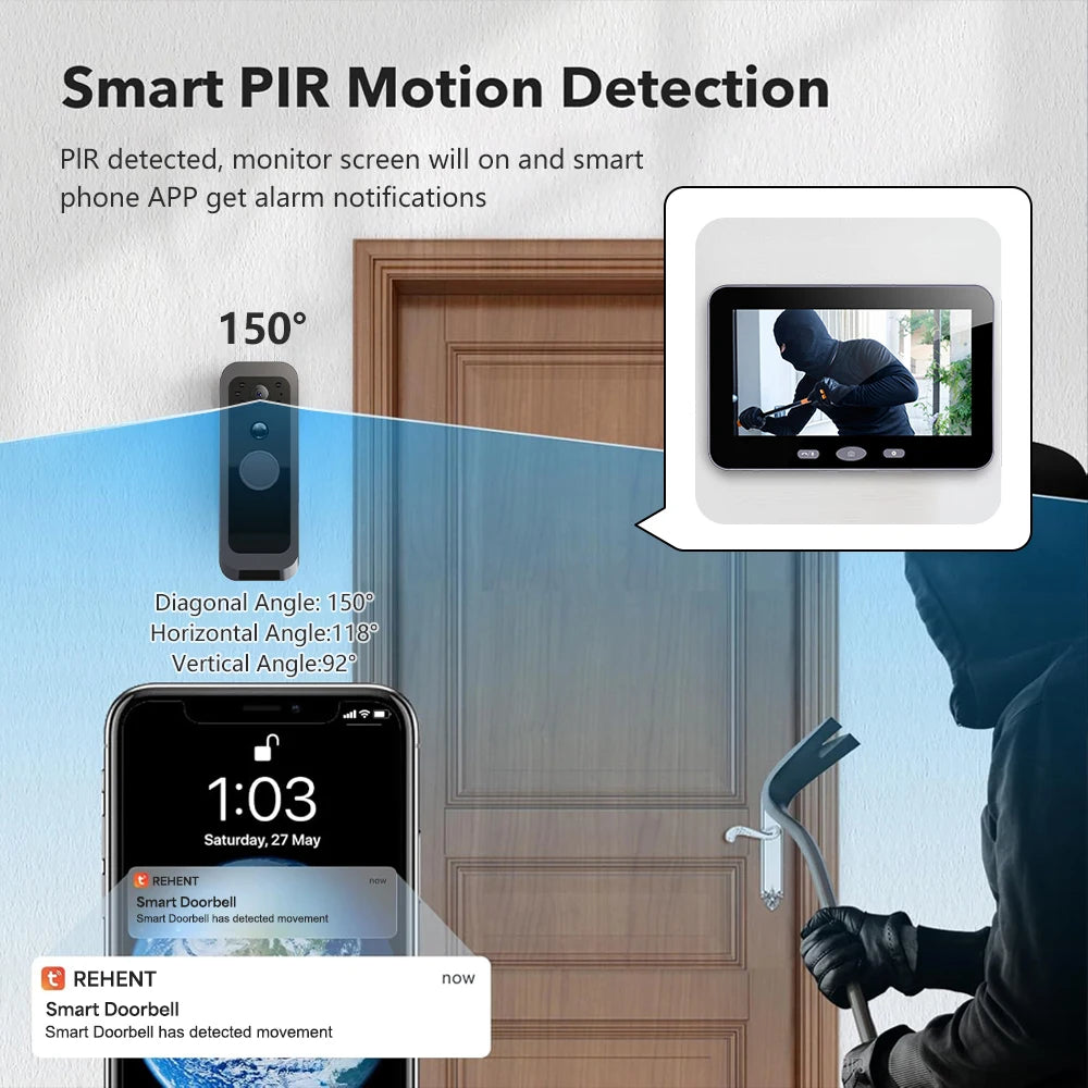 Tuya Smart Wireless Doorbell Camera Outdoor WiFi Audio Video Door Phone Intercom System 1080P 5'' Monitor Screen No Monthly Fees