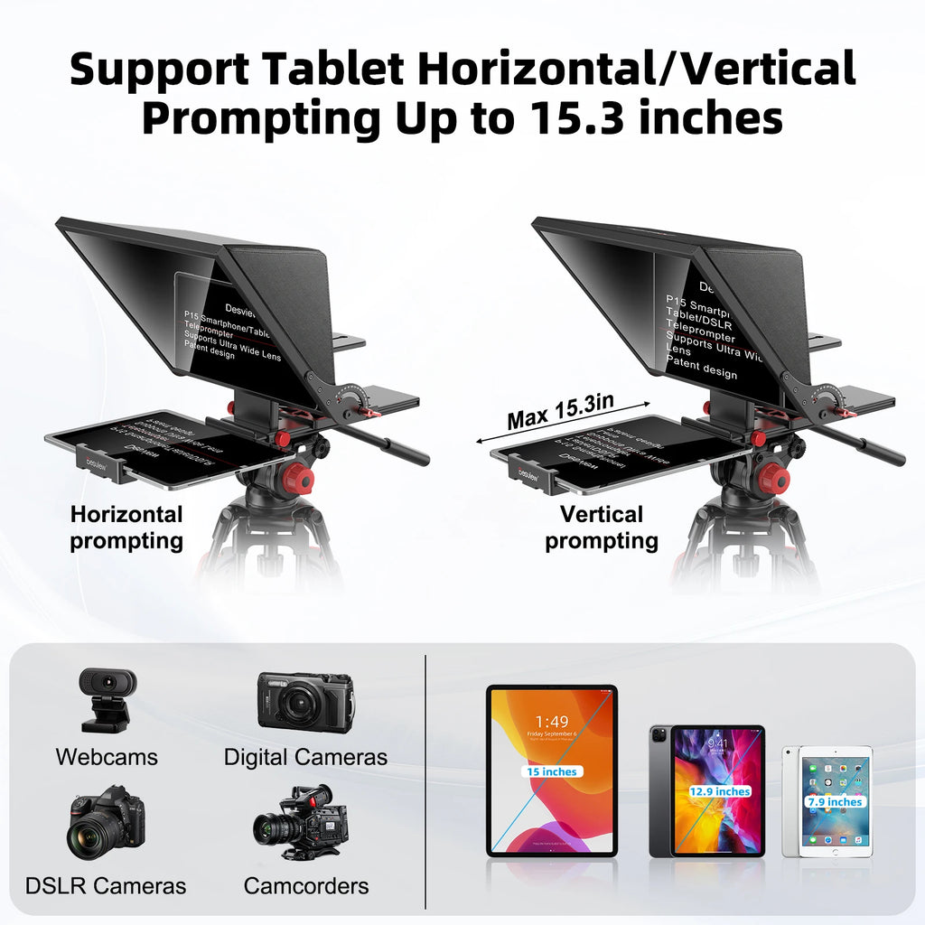 Desview P15 Teleprompter 15 inch Aluminum Alloy Teleprompter, High Display Glass for iPad Tablet Phone DSLR Camera No Assembly