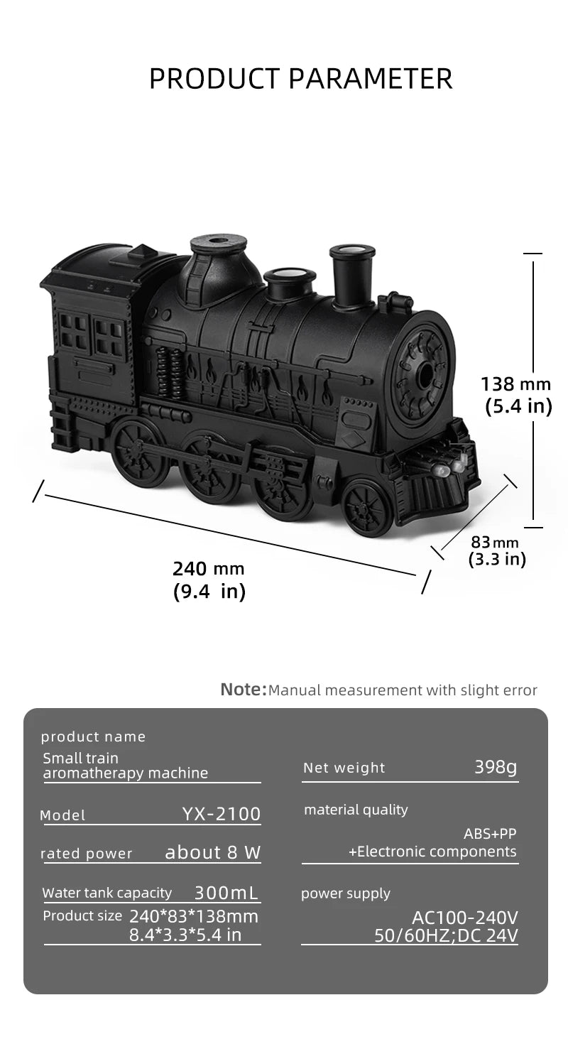 Essential Oil Diffuser Train Humidifier 300ml Two Mist Modes Aromatherapy Diffuser Two-color Lighting Humidification for Home