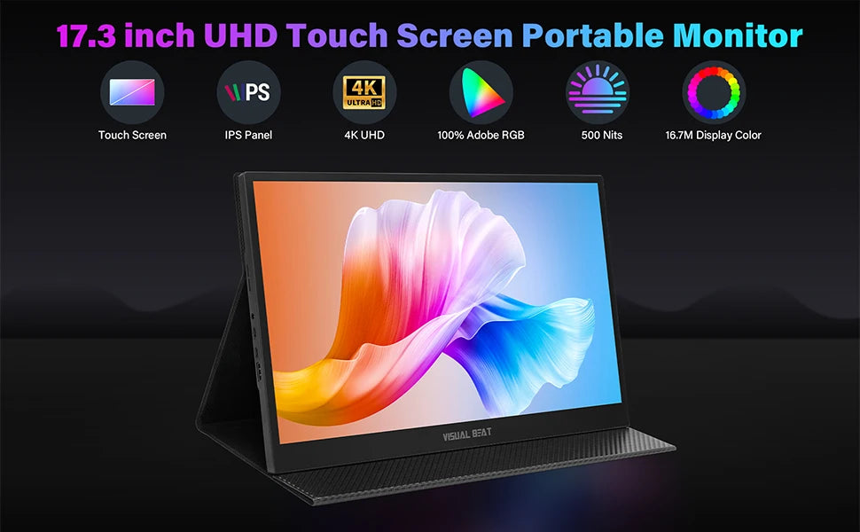 17.3inch 4K Portable TouchScreen Monitor, 500Nits 100% AdobeRGB IPS HDR Travel Display, USB, Type-C & HDMI, Dual Speakers, VESA