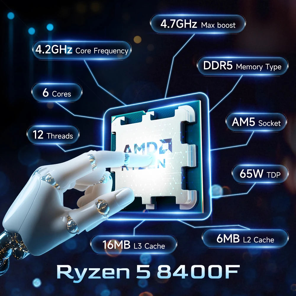AMD Ryzen 5 8400F 6-Cores 12-Threads DDR5 New Desktop computer CPU processor with Socket AM5 R5 8400f 4.7GHz PCIe 4.0 but no fan