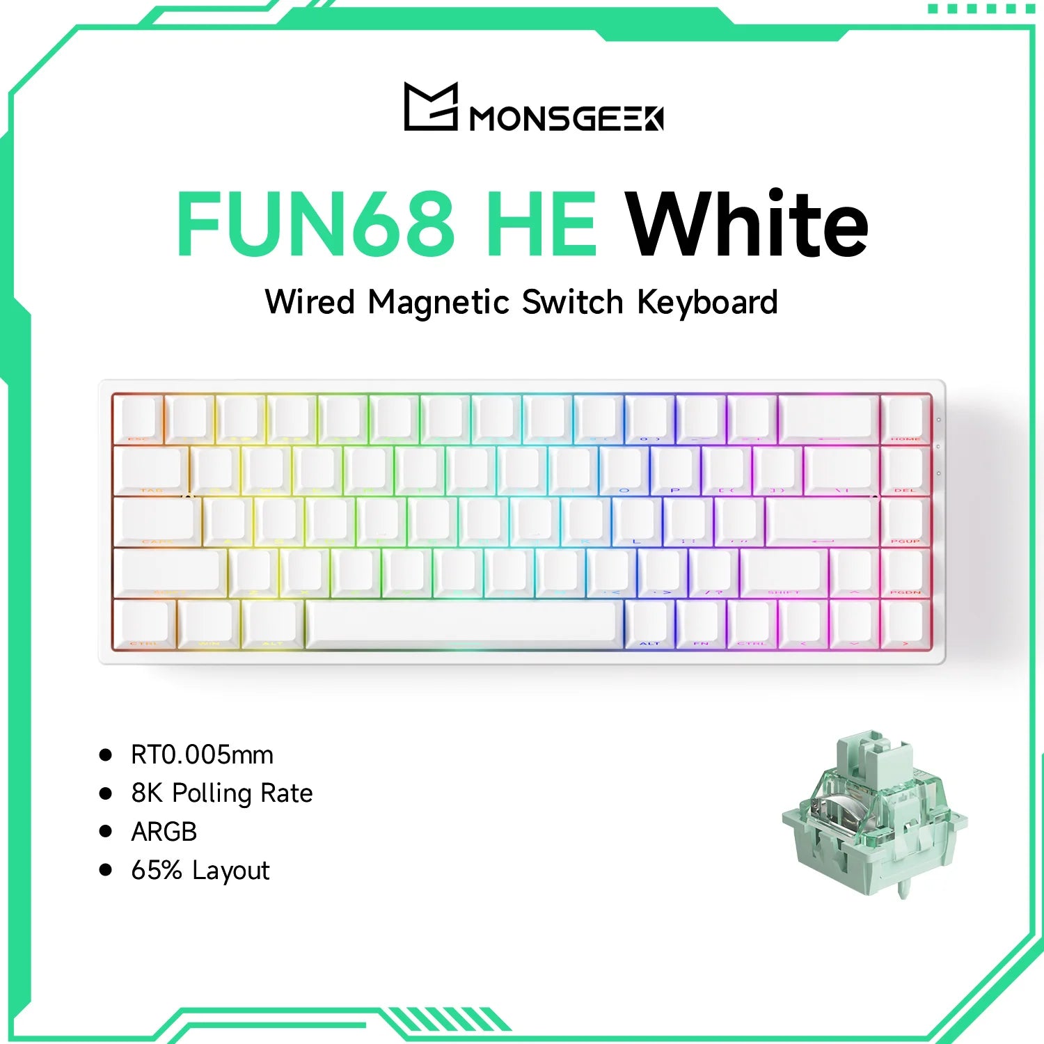 MonsGeek FUN68 HE Mechanical Keyboard 65% ANSI Magnetic Switch Rapid Trigger 0.005mm 8K ARGB USB/Wireless Gaming Custom Keyboard