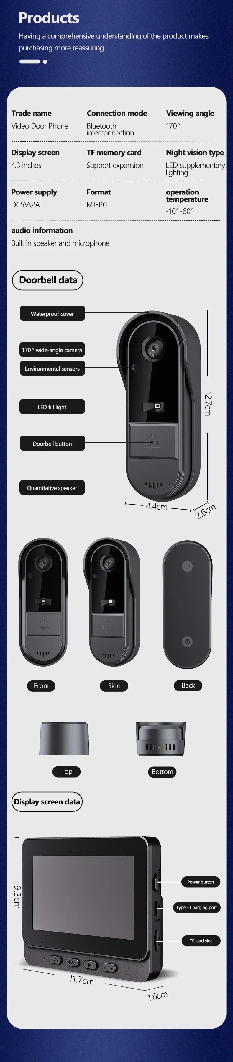 Wireless Intercom Doorbell Night Vision HD 4.3in LPS Screen Video Doorbell Camera Smart Home Security Visual Doorbell