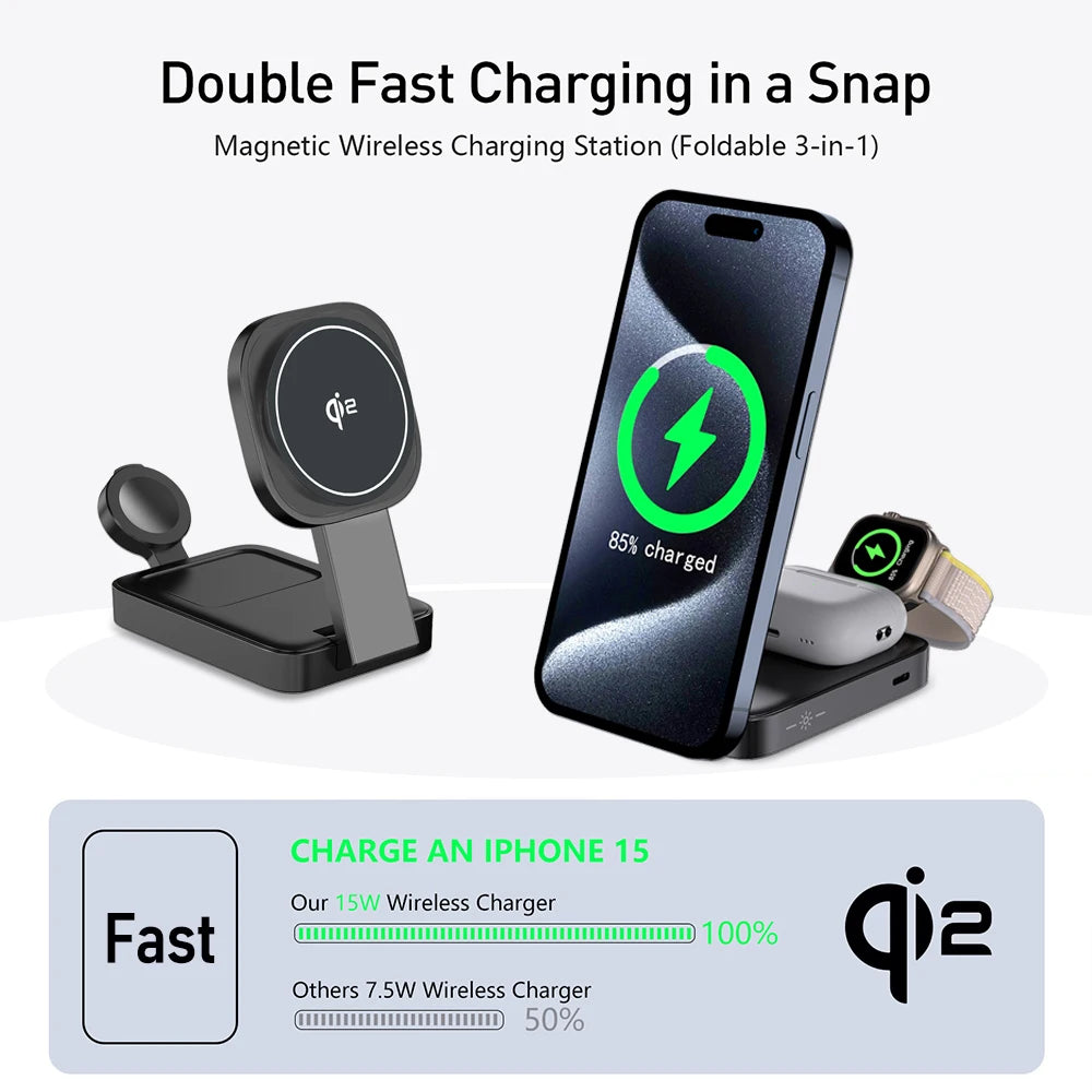 3in1 Magnetic Wireless Charger QI2 Magsafe Folding Wireless Charging Station for iphone 16 pro iWatch AirPods Wireless Charger