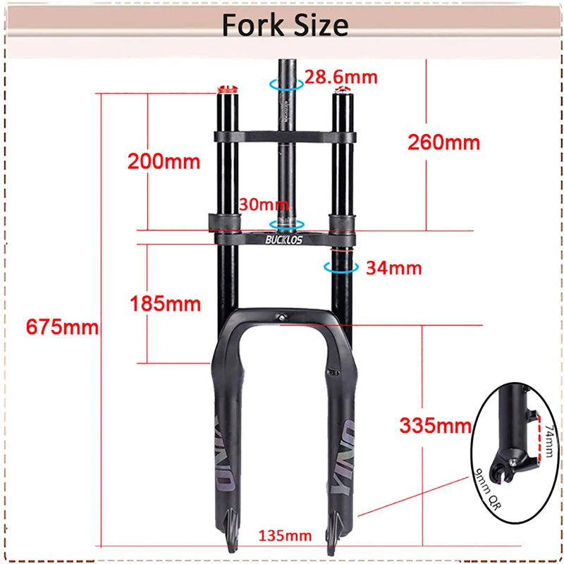 BUCKLOS Snow Fat Bike Fork 20*4.0 Inch / 26*4.0 Inch Air Suspension Fork Travel 180mm Double Shoulder E-Bike Fork Bicycle Parts
