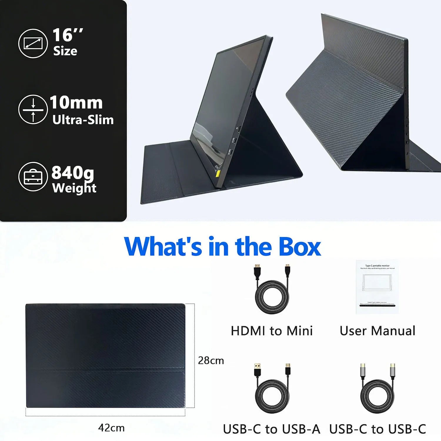 Portable Monitor 16 Inches Portable Display External Screen 1.2K 60HZ / 1920*1200  Gaming Monitor For Switch NS2 PS5 XBOX PC