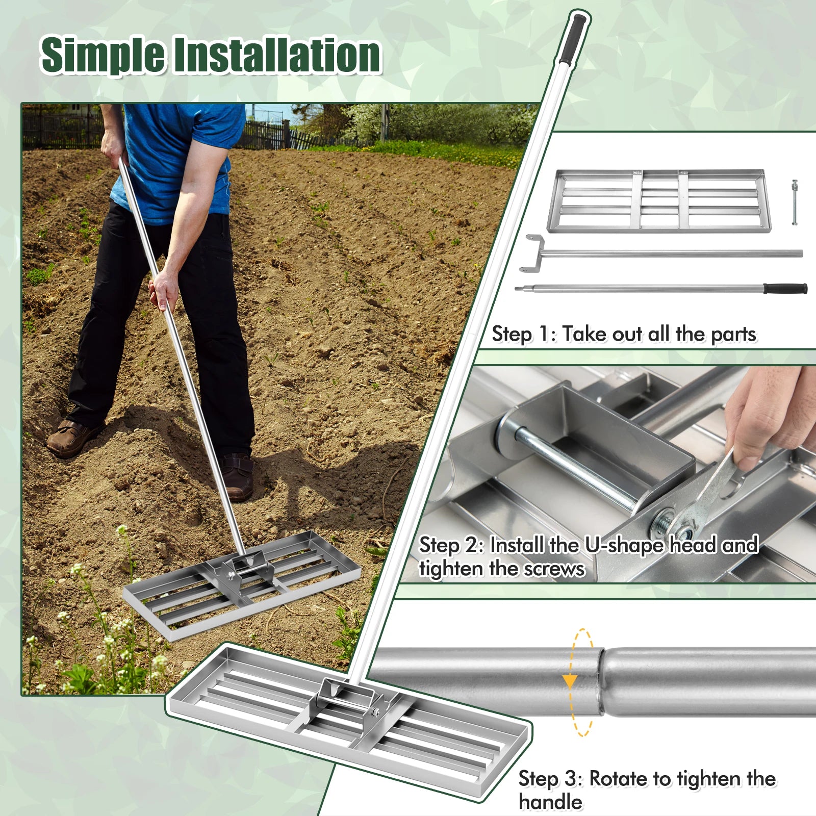Metal Lawn Levelling Rake, Lawn Rake with Ergonomic Handle, Leveling Sand Soil, Rake Surface Leveler, Lawn Tool