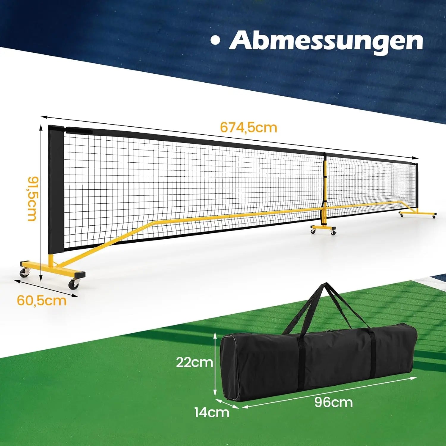 Portable Pickleball Net with Wheels, 6.7 m Official Size Pickleball System with Metal Frame & Carrying Bag, Outdoor Weatherproof