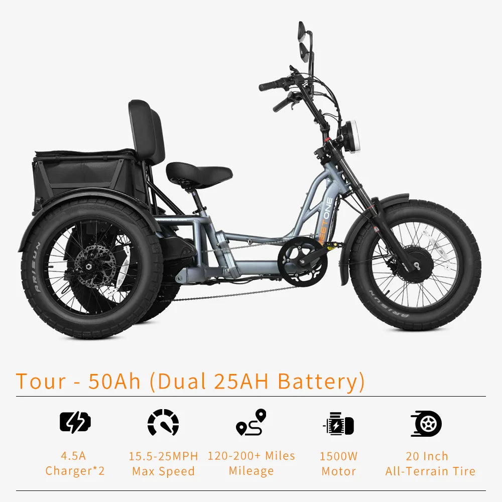 High Power Long Range Dual Motor Dual Battery 3 Wheel E Cargo Trike Adults Sand and Snow Fat Tire Electric Delivery Tricycle