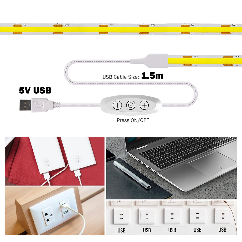 LED Light Strip USB With 3Keys Switch Dimmable DC5V COB 320Leds/m Blue/White/Red/Green Flex Adhesive Tape Night Lighting  3/5M