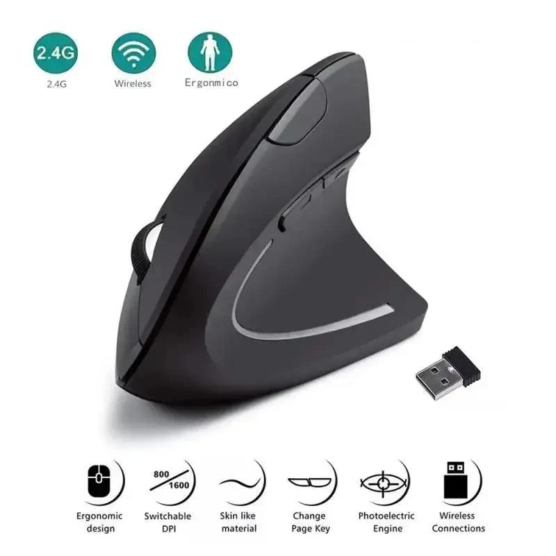 Wireless Mouse Vertical USB 2.4GHz Ergonomic 800/1200/1600 DPI 6 Mute Buttons For MacBook Tablet Laptops PC Computer Accessories