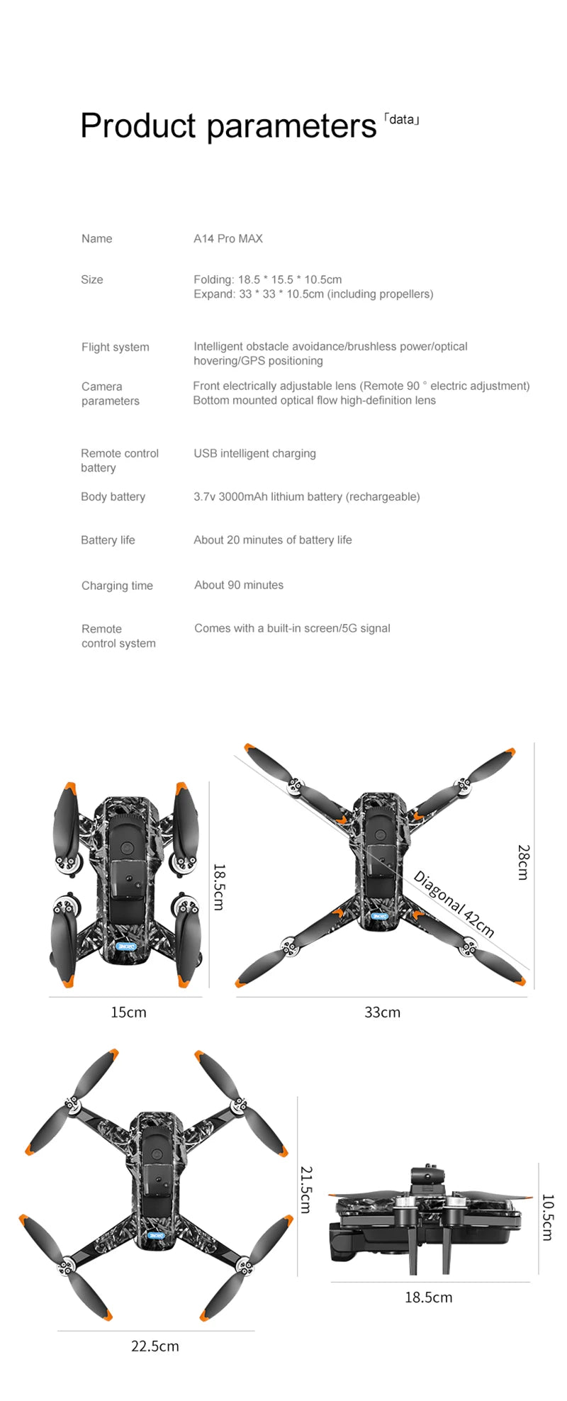 New A14ProMax 8K Drone 4.3Inch Screen Control GPS Brushless Motor Dual Camera Optical Flow Obstacle Avoidance Foldable RC UAV