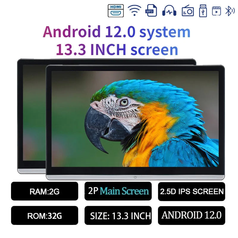 13.3/14" Car Headrest Monitor Display IPS Android 12 2G+32G/4G+64G/8G+128G Touch Screen For Car Rear Seat Player Dual HDMI Music