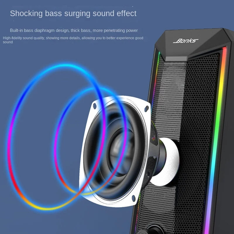 Desktop Speakers, 2.0 Channel PC Computer HiFi Stereo Gaming Speaker with Colorful LED Light Modes, Enhanced Bass and Easy-Acces