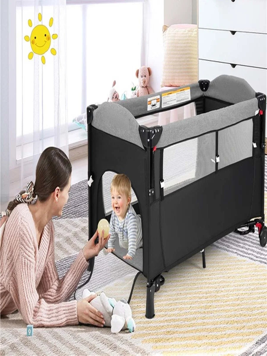 5-in-1 Baby Cot 120 x 60 cm, 2 Level Travel Cot with Mattress, Changing Mat, Toys, Music Box & Carry Bag, Foldable Side