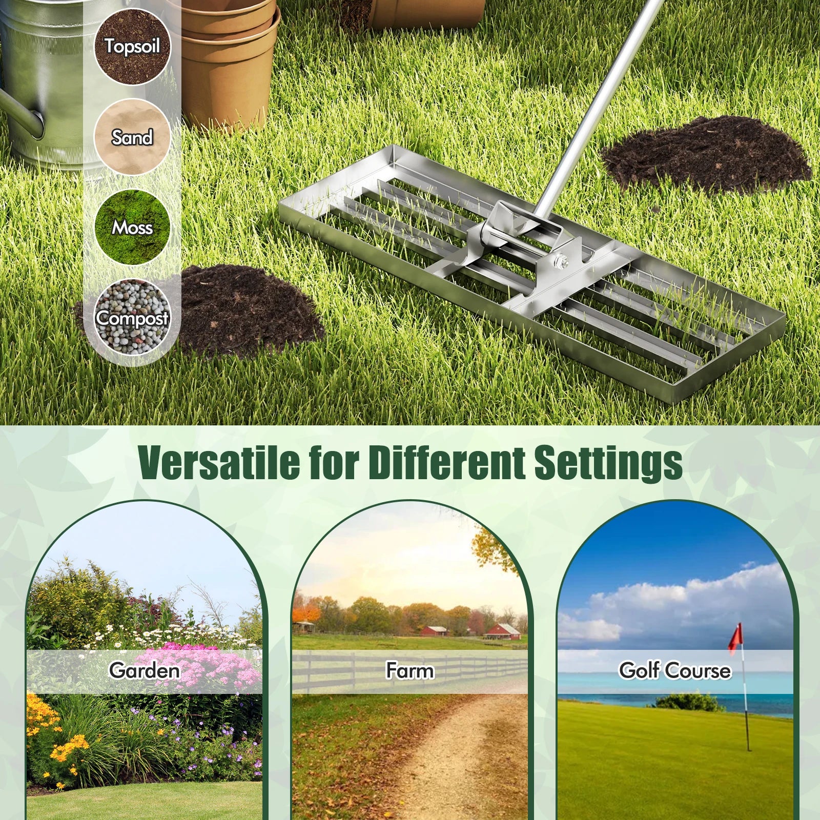 Metal Lawn Levelling Rake, Lawn Rake with Ergonomic Handle, Leveling Sand Soil, Rake Surface Leveler, Lawn Tool
