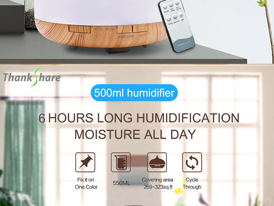 Aroma Diffuser Essential Oil Diffusor Air Humidifier Ultrasonic Remote Control 7 Color LED Lamp Mist Maker For Home 300ml 500ml