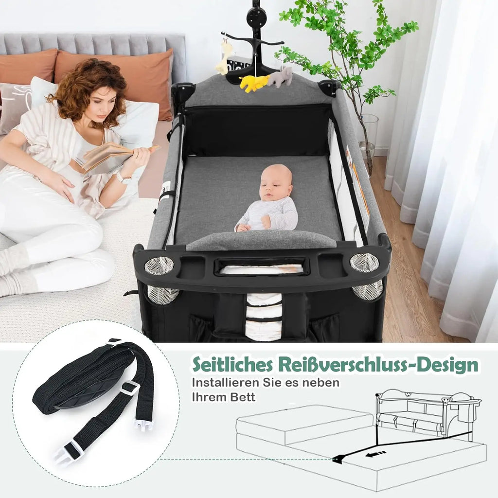 5-in-1 Baby Cot 120 x 60 cm, 2 Level Travel Cot with Mattress, Changing Mat, Toys, Music Box & Carry Bag, Foldable Side