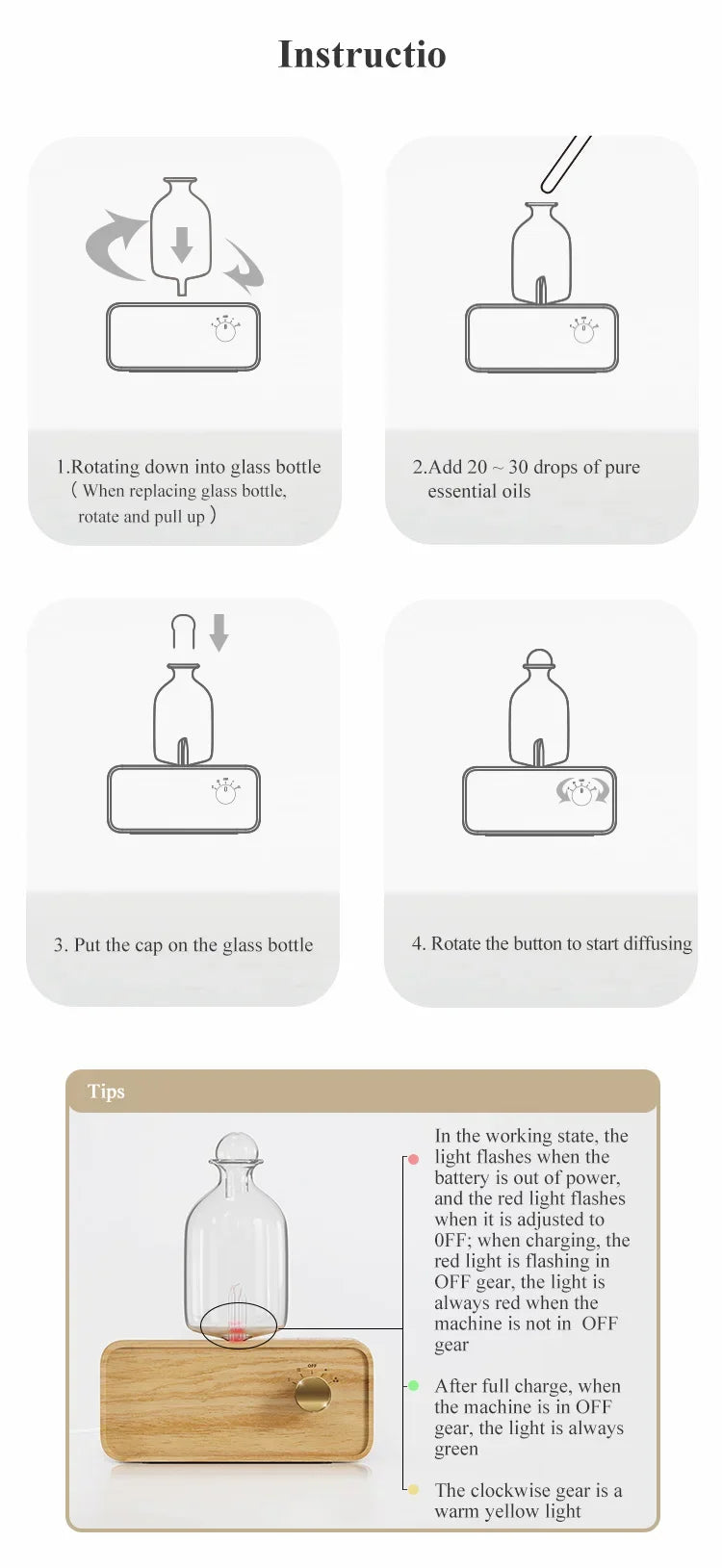 Rechargeable Essential Oil Diffuser Waterless Nebulizing Diffuser Electric Smell for Home Office Wood and Glass Aroma Diffuser