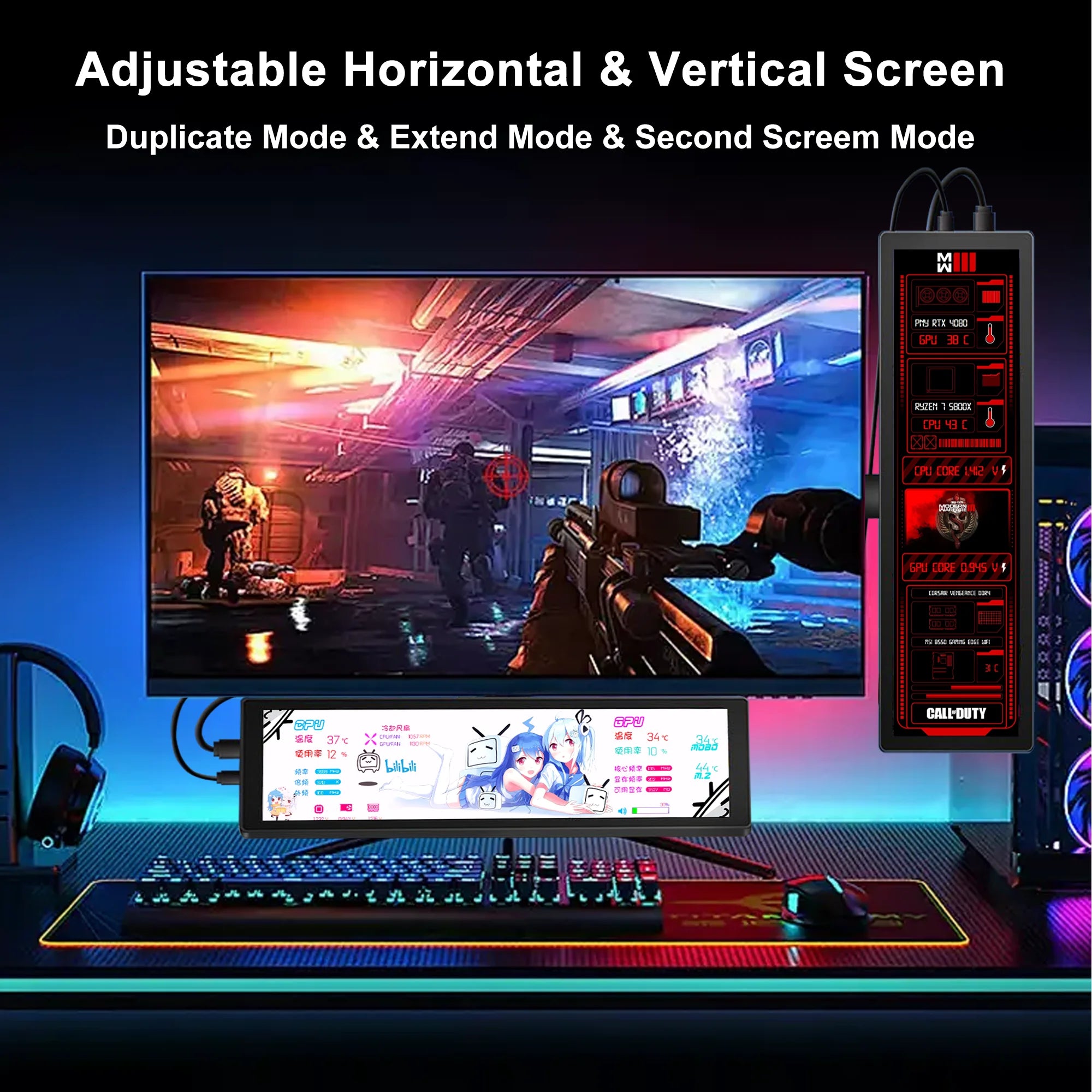 Wisecoco 12.3/11.3'' 1920x720 Touch Portable Monitor Stretched Bar Screen Gaming Monitor Not support AMD integrated graphics
