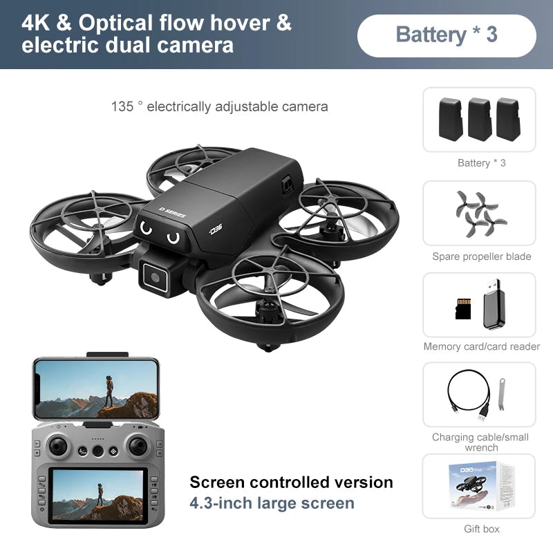 D36 Drone 4K HD Aerial Photography Dual Cameras Screen RC Quadcopter with Dynamic Lighting Optical Flow UAV Toys Gifts