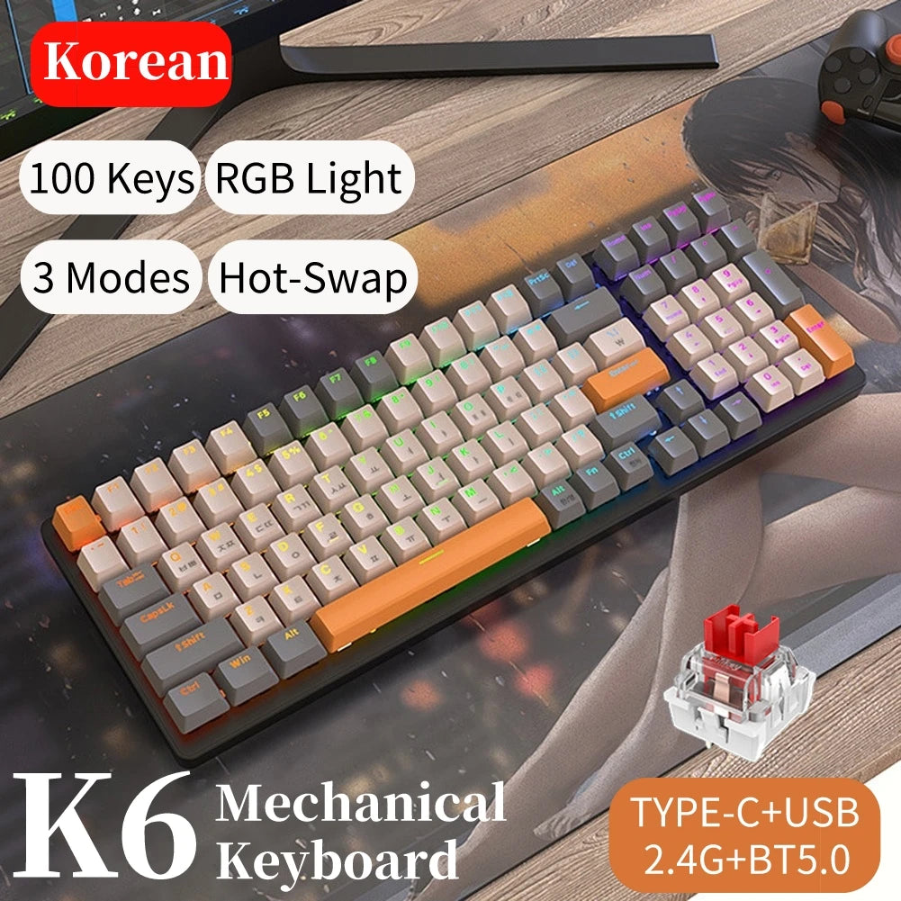Korean K96 Mechanical Gaming Keyboard Wireless Wired Keyboard Bluetooth-compatible Gamer Keypad 100 Keys K6 Personalized Keycap