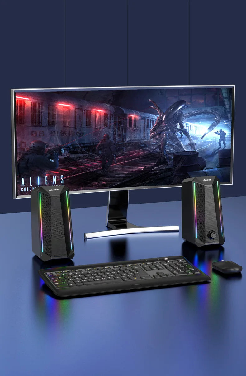 Desktop Speakers, 2.0 Channel PC Computer HiFi Stereo Gaming Speaker with Colorful LED Light Modes, Enhanced Bass and Easy-Acces