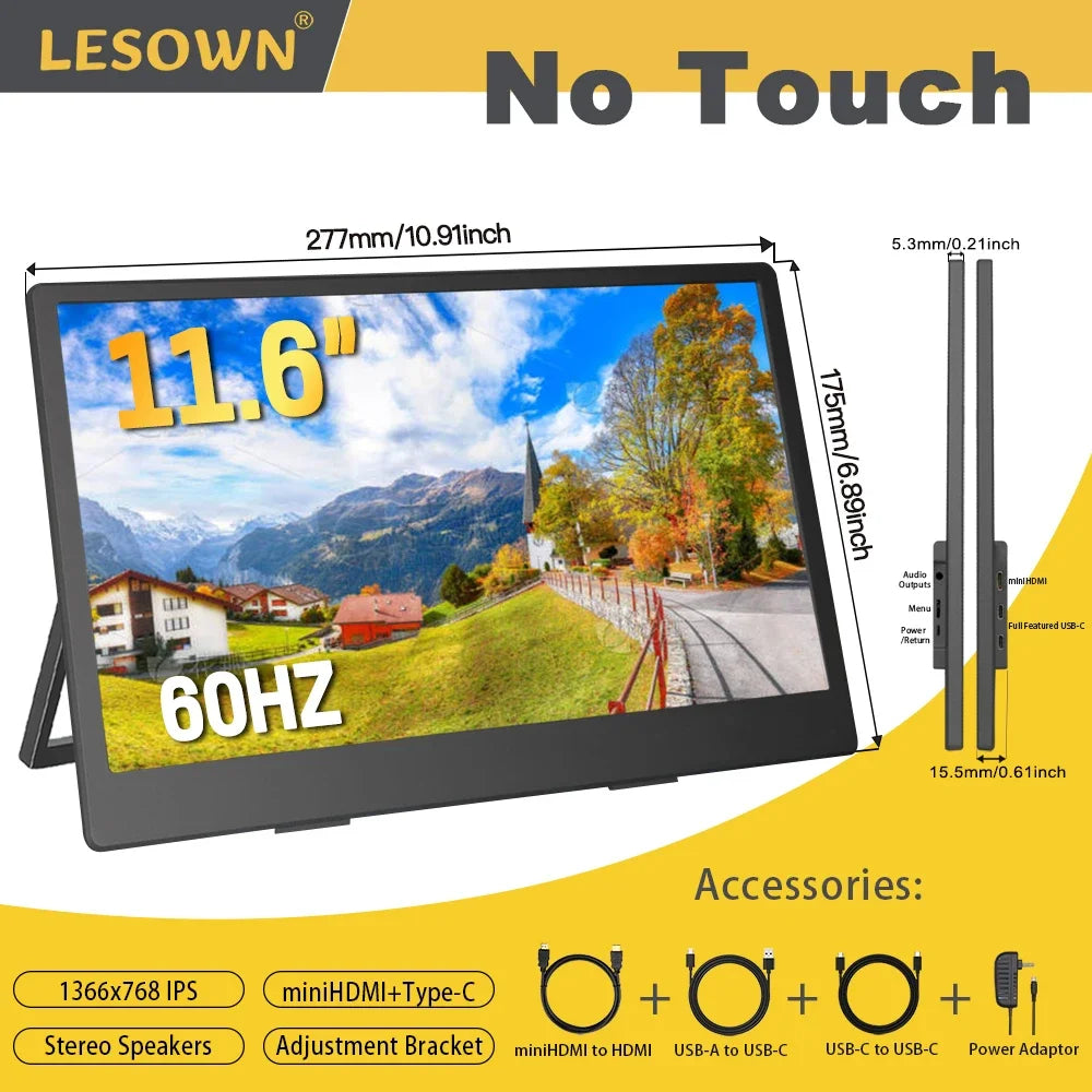 LESOWN 120Hz 2.5K Monitor 11.6 14 16 inch IPS 3840x2160 UHD VESA Gaming External Screen USB-C Display with Speaker Plastic Shell