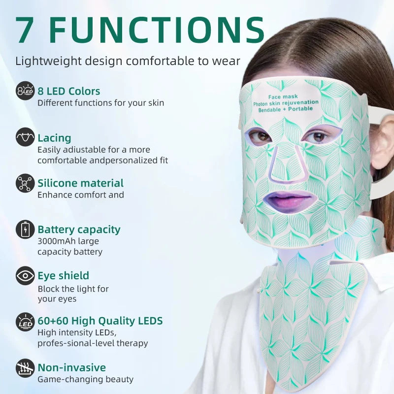 7 Colors + Infrared LED Face Mask and Neck Red Light Therapy Anti Aging Wrinkle Acne Pore Oil Control Skin Tighten Whiten