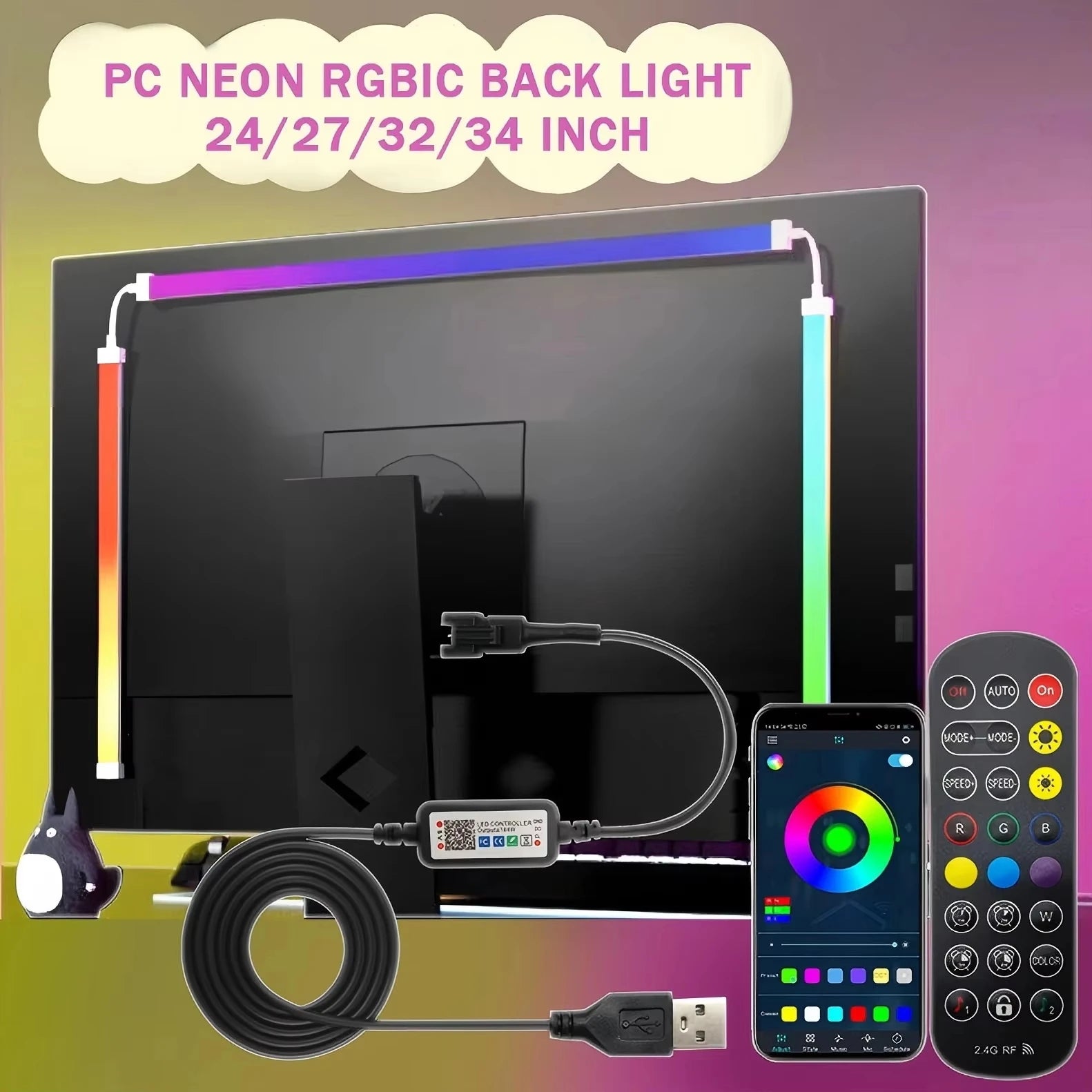 24-34inch Monitor LED RGBIC Gaming Neon Backlight Sync with App USB Powered 5V LED Light for PC Sync Music Lighting for Computer