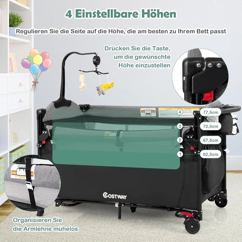 5-in-1 Baby Cot 120 x 60 cm, 2 Level Travel Cot with Mattress, Changing Mat, Toys, Music Box & Carry Bag, Foldable Side