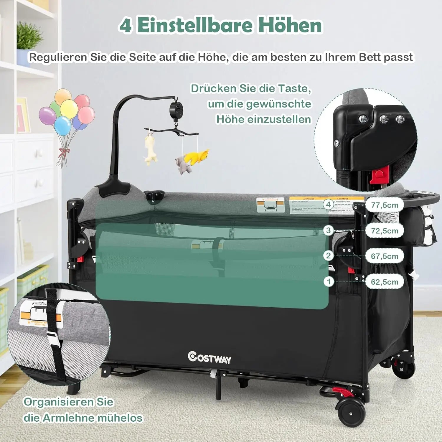 5-in-1 Baby Cot 120 x 60 cm, 2 Level Travel Cot with Mattress, Changing Mat, Toys, Music Box & Carry Bag, Foldable Side