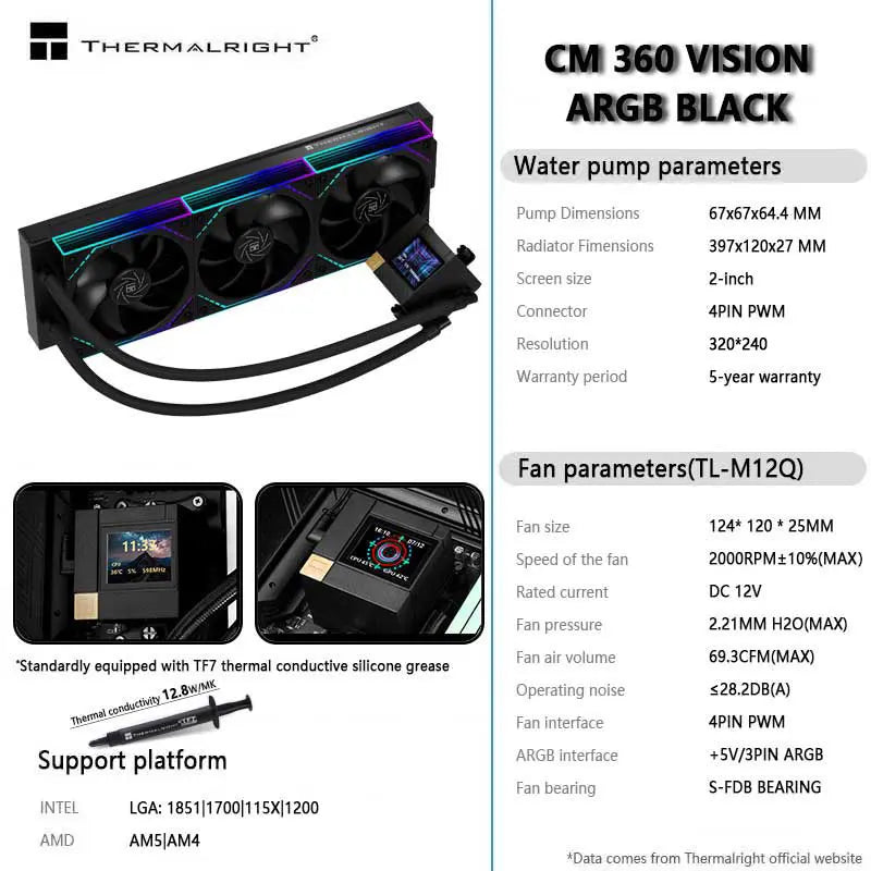 Thermalright CORE MATRIX 360 VISION 360MM All-in-one CPU Liquid Cooler 2” 320*240 resolution IPS LCD support LGA 1851 AMD AM5