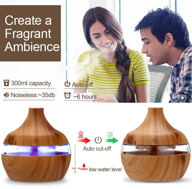 300ml High Quality Aromatherapy Essential Oil Diffuser Wood Grain Remote Control Ultrasonic Air Humidifier with 7 Colors Light