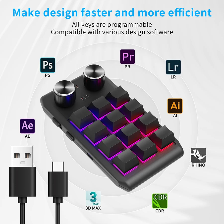 12 Keys 2 Knob Custom Mechanical Keyboard 3 Modes Bluetooth 2.4G Macro Programming Keyboard Hot-swapping Keypad for Gaming PS