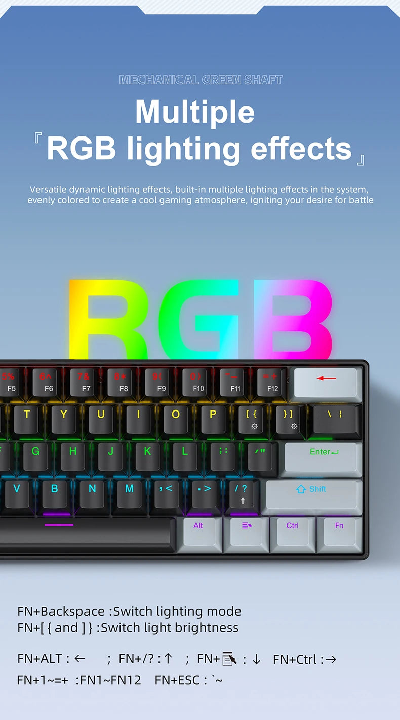 K61 Wired Mechanical Keyboard,61-key Design,1000Hz Return Rate,USB2.0 Full-speed Connection to Devices