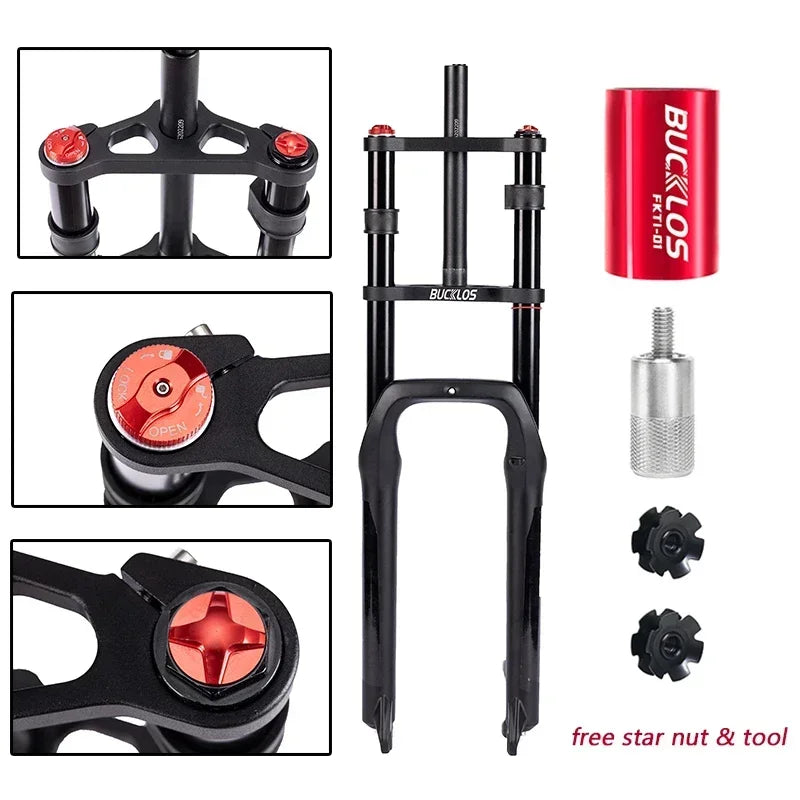 BUCKLOS 26*4.0 Snow Bike Fork Air Suspension Bicycle Fat Fork 4.0 Tire 9*135mm Mountain Bike Forks Beach E-Bike Forks