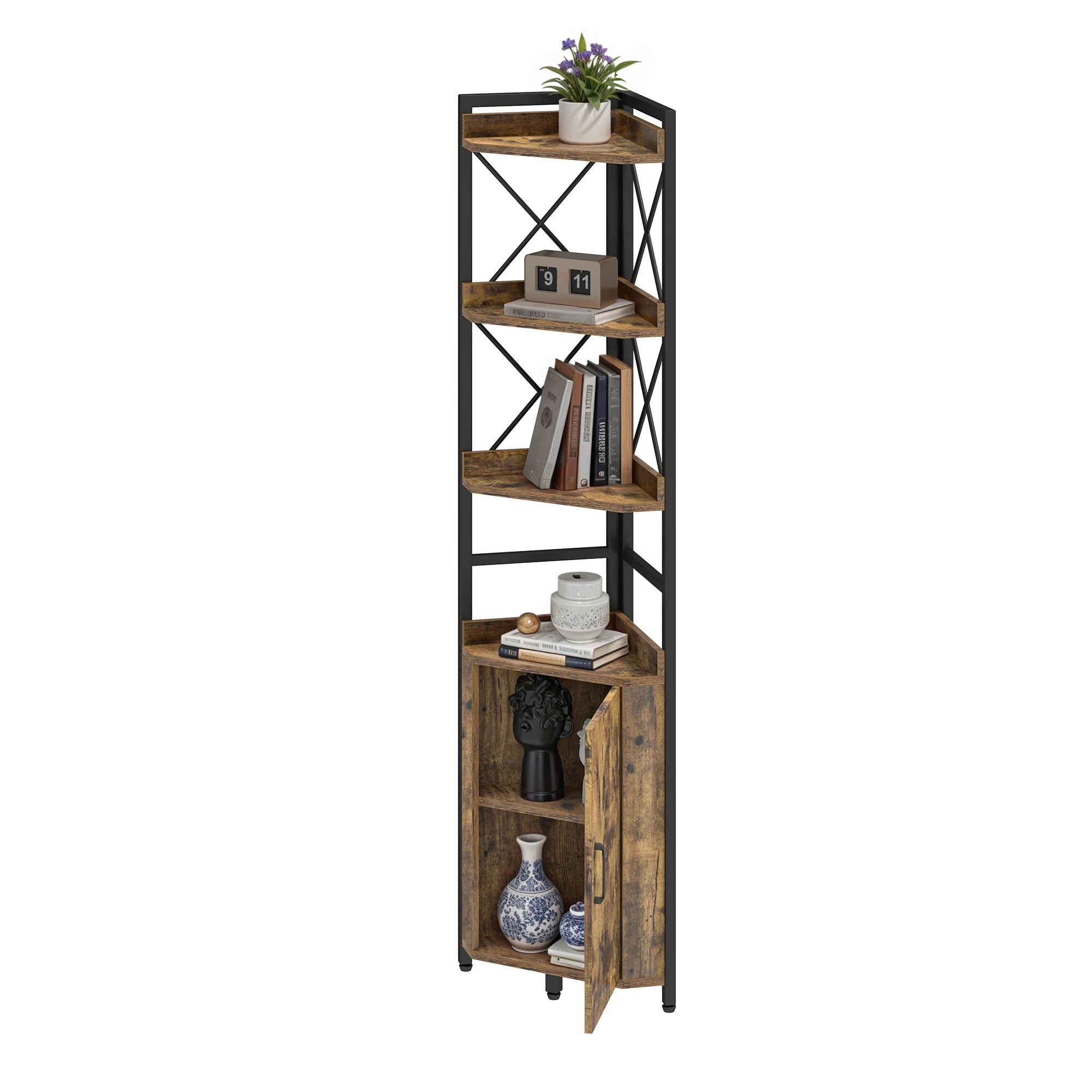 YITAHOME Rustic Brown 4-Tier Corner Bookshelf - Industrial Wood & Metal Storage Cabinet for Living Room/Office/Hallway