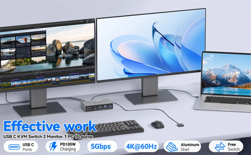 USB C HDMI DP KVM Switch 2 Monitors 4K@60Hz Dual Screens Type C KVM Switches 100W PD for 1 PC 1 Laptop Share Mouse Keyboard