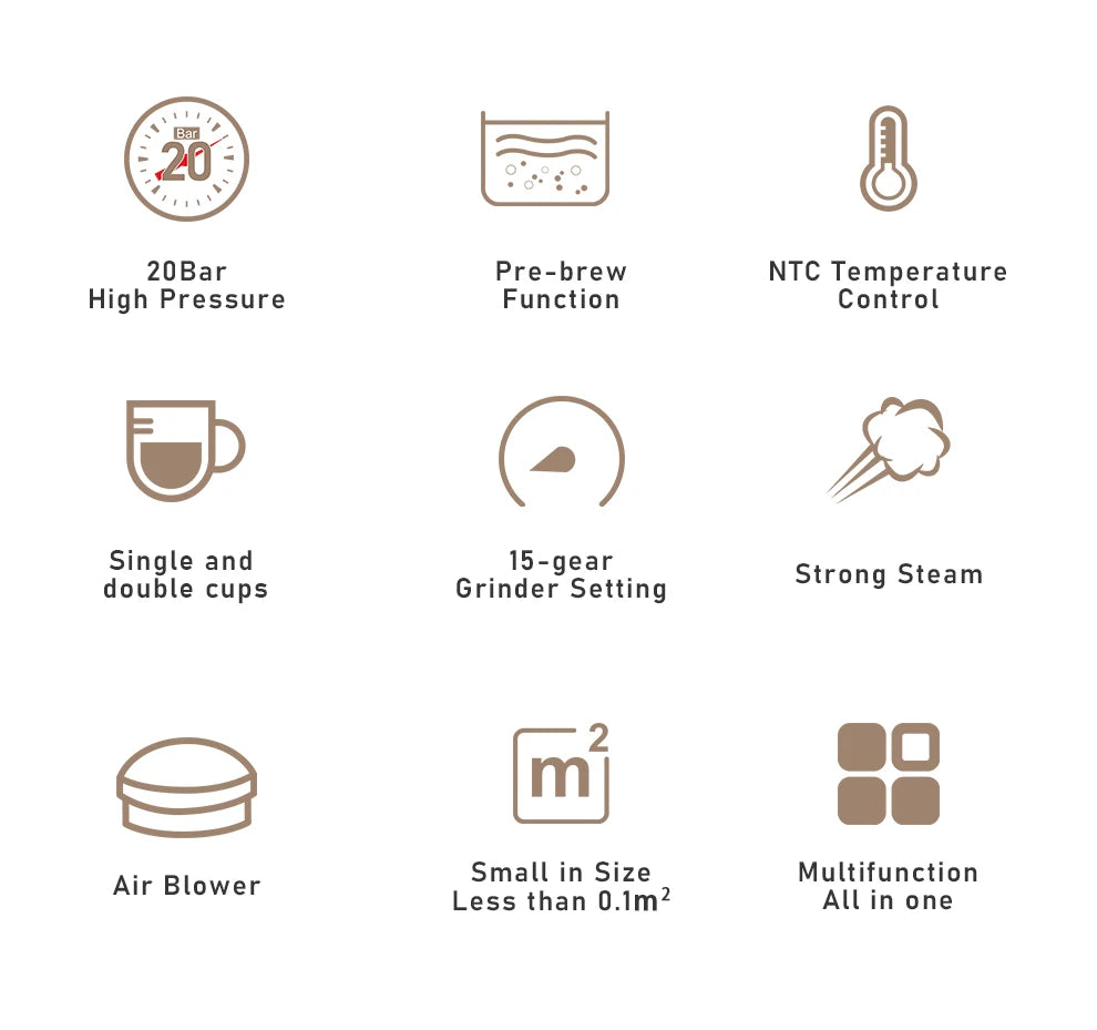 HiBREW 20 Bar Semi Automatic Espresso Coffee Maker With Grinder Bean For Cappuccino and Latte Milk Frothing System Machine H14