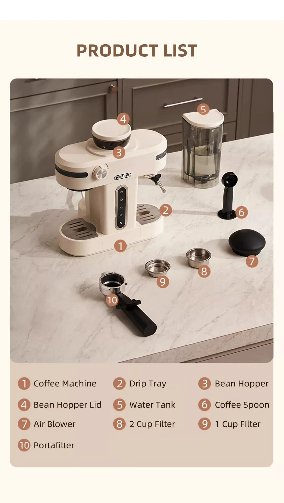 HiBREW 20 Bar Semi Automatic Espresso Coffee Maker With Grinder Bean For Cappuccino and Latte Milk Frothing System Machine H14