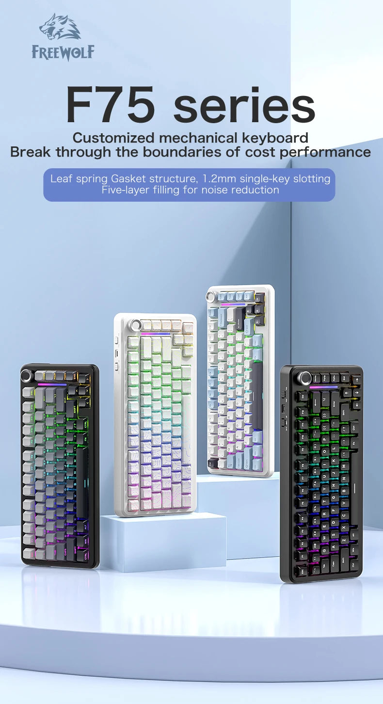 F75 Gaming Mechanical Keyboard, 2.4G Wireless/Bluetooth/Wired ,RGB Customized, Gasket Structure,Windows/Macos/Linux