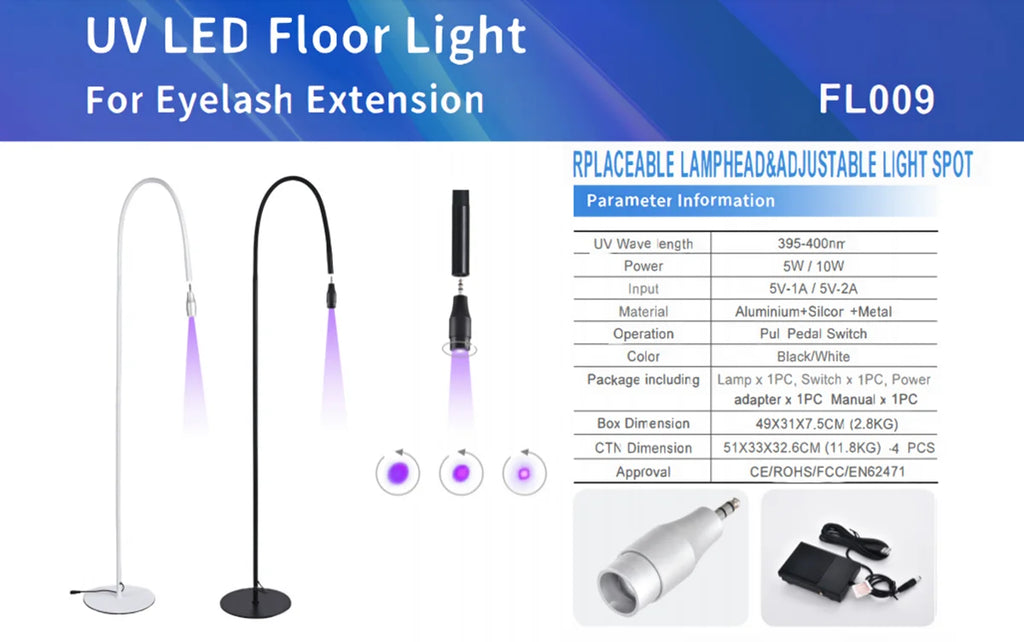5W/10W UVLED Curing Lamp With Foot Switch Adjustable Focus Floor Lamp Grafting Eyelash Glue Fast Drying Purple Light Beauty Tool