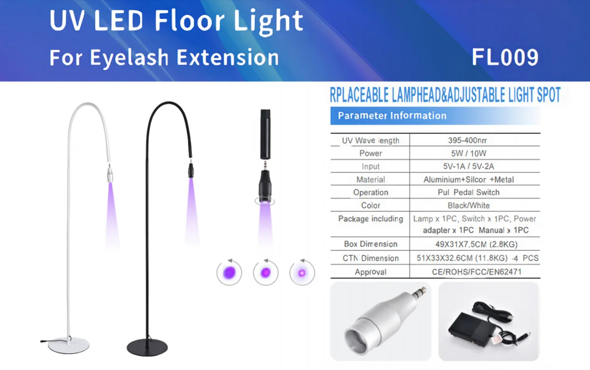 5W/10W UVLED Curing Lamp With Foot Switch Adjustable Focus Floor Lamp Grafting Eyelash Glue Fast Drying Purple Light Beauty Tool