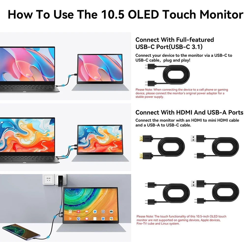 OLED 2.5K Portable Monitor Touchscreen 10.5″ 2560x1600 High-end Portable Screen 100% DCI-P3 1MS for Laptop Phone gaming monitor