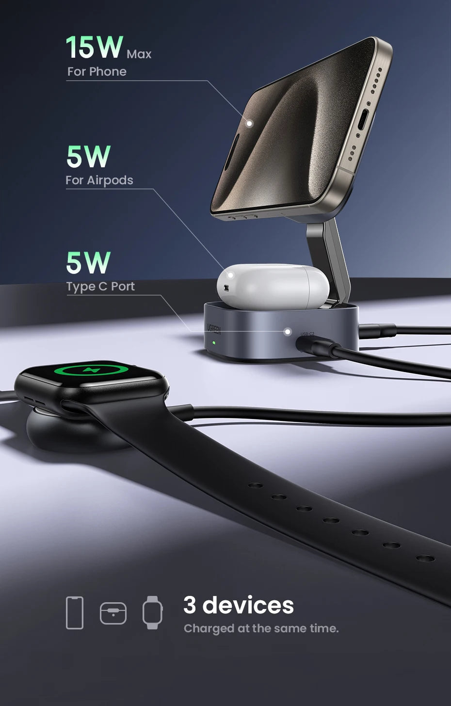 UGREEN 25W Magnetic Wireless Charger Stand 2-in-1 Charging Stand For iPhone 16 15 Pro Max/AirPods For Magsafe Fast Charger
