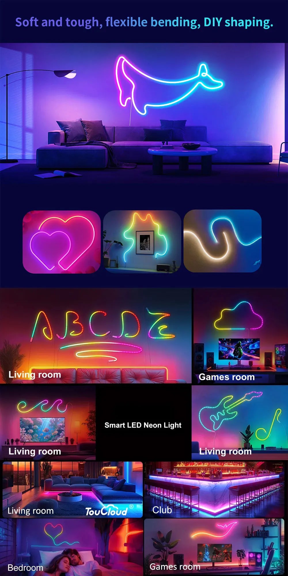 LED Neon Light Strip RGBIC USB with Bluetooth APP Control Music Sync Waterproof Flexible Suitable for Game Room Party Decoration